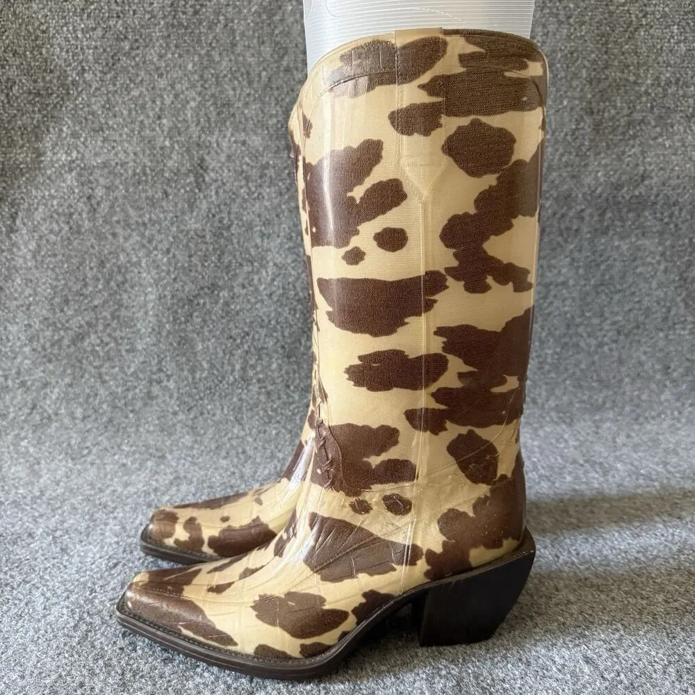 Donald J Pliner Western Equestrian Rain Boots Cow Print Brown Beige 8 Rubber